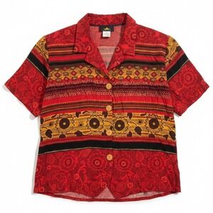 Karibo Red Multi Pattern Rayon Short Sleeve Button Up Shirt, Women's XL, 1M179C